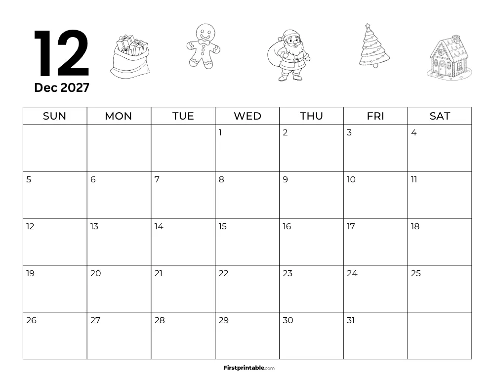 Printable December Calendar 2027 Christmas Template 24