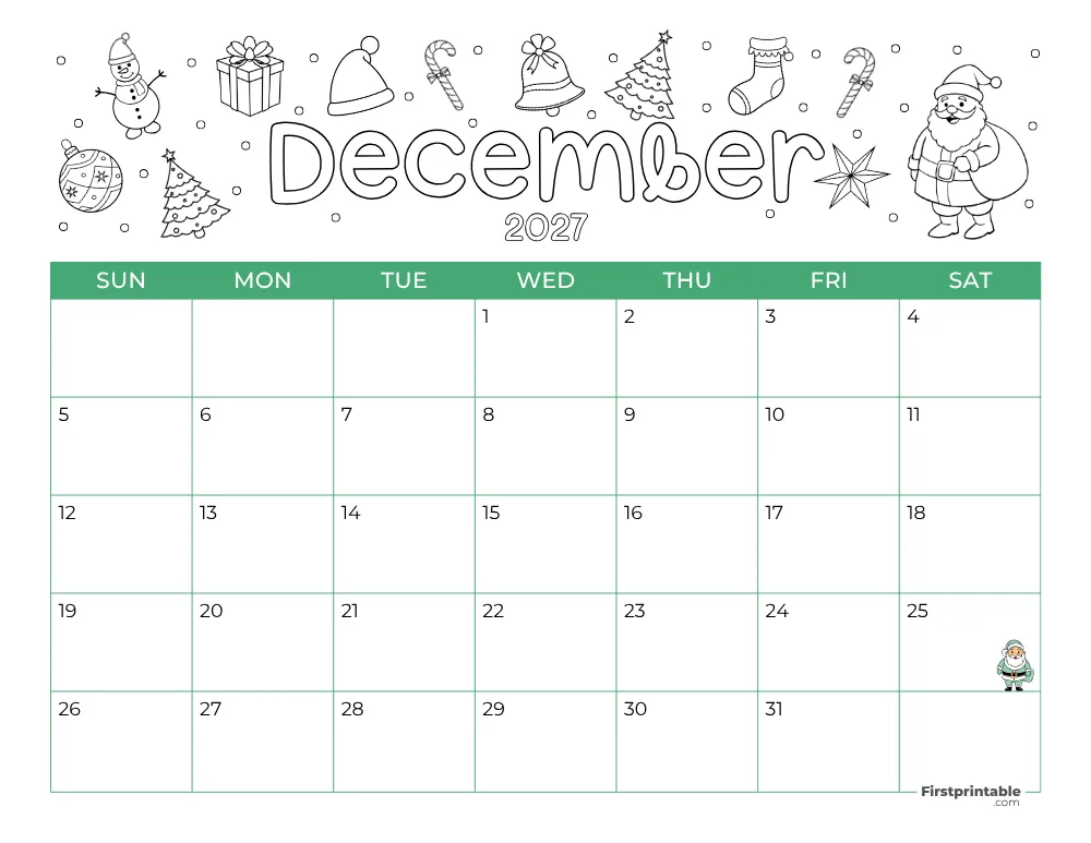 Printable December Calendar 2027 Christmas Template 25