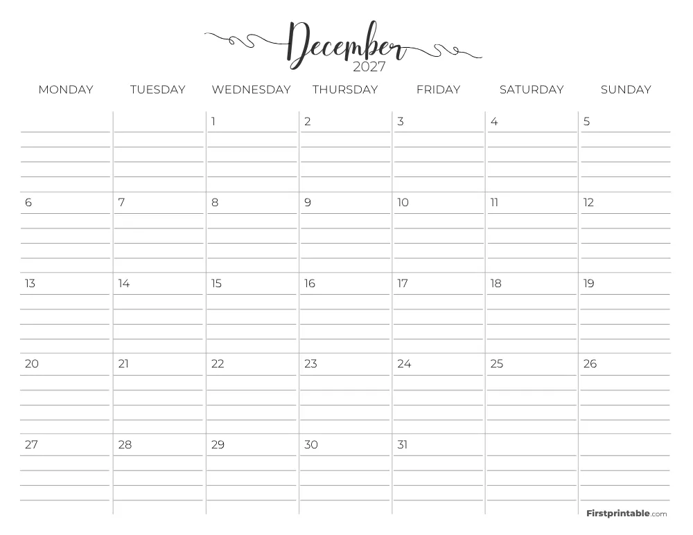 Printable December Calendar 2027 Monday Start Template 26