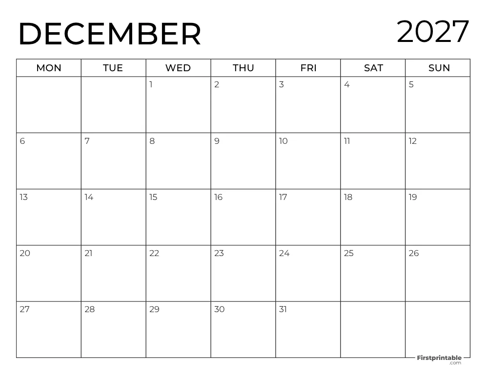 Printable December Calendar 2027 Monday Start Template 27