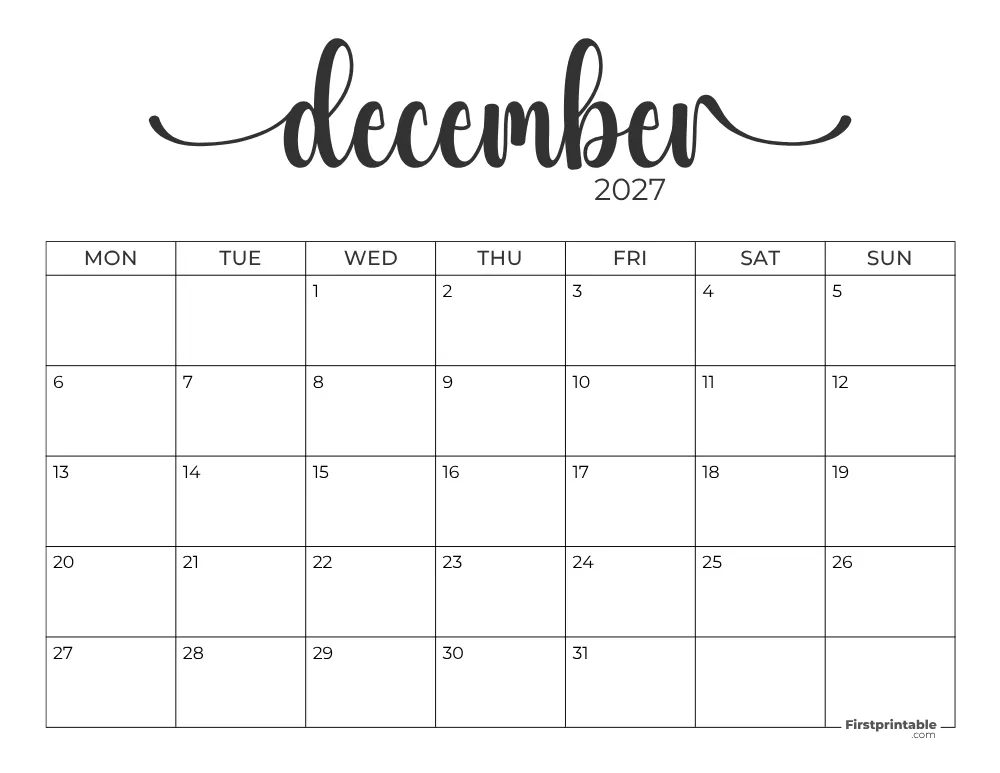 Printable December Calendar 2027 Monday Start Template 28