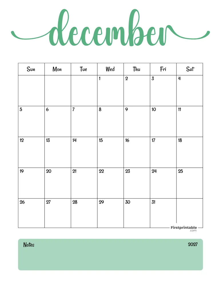 Printable December Calendar 2027 Template 04