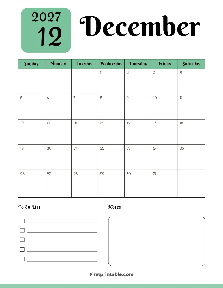 Printable December Calendar 2027 Template 05