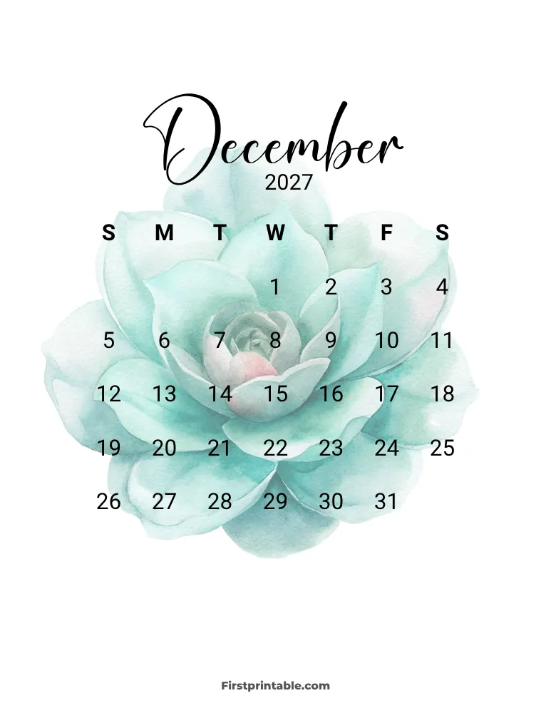 Printable December Calendar 2027 Template 12