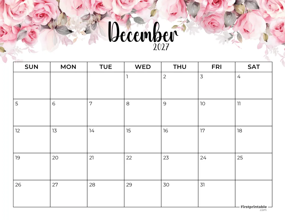 Printable December Calendar 2027 Template 13