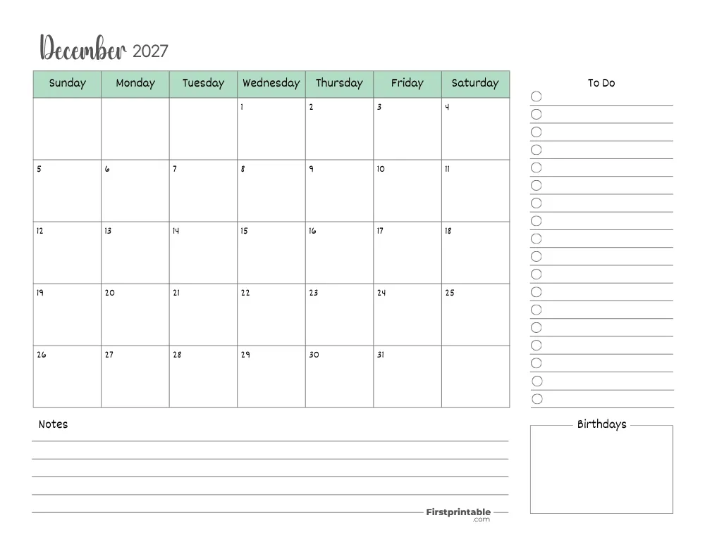 Printable December Calendar 2027 Template 15