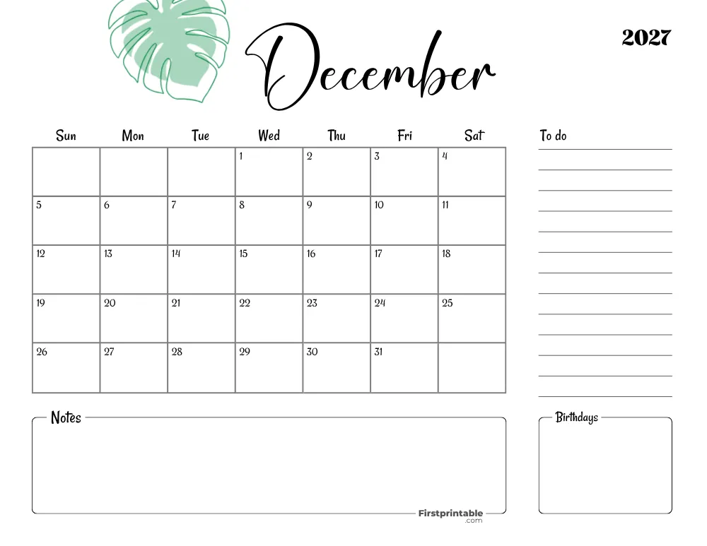 Printable December Calendar 2027 Template 18