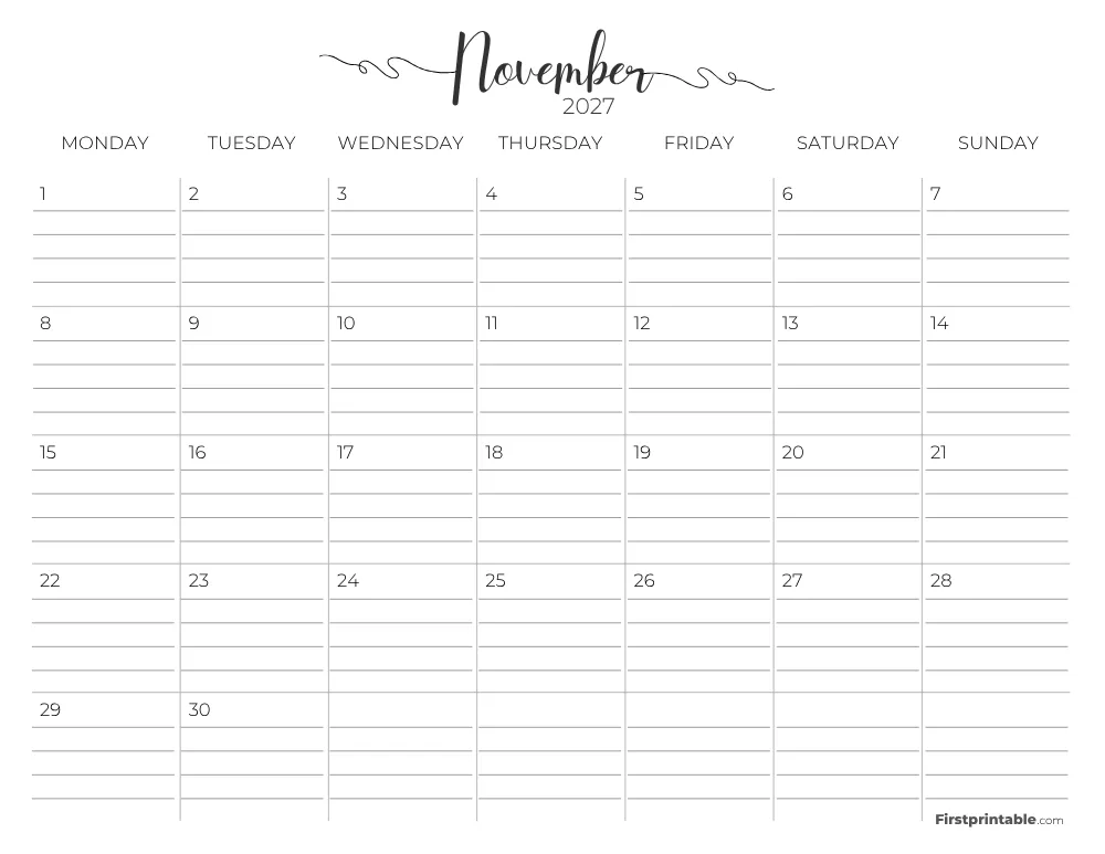 Printable November Calendar 2027 Monday Start Template 26
