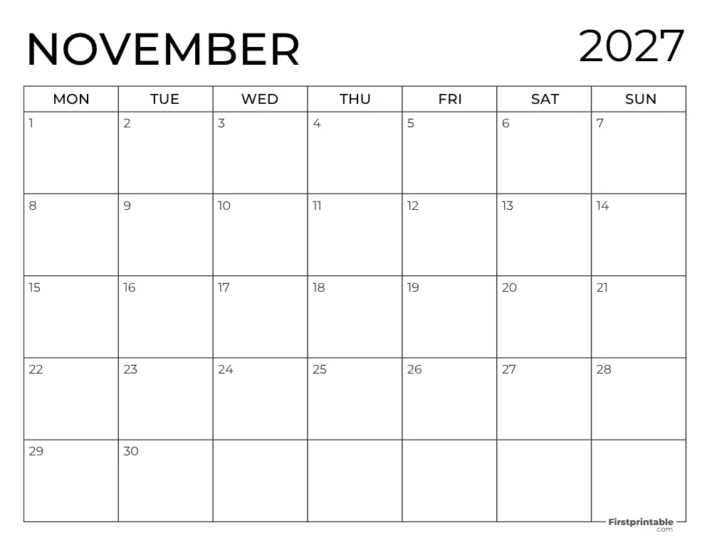 Printable November Calendar 2027 Monday Start Template 27