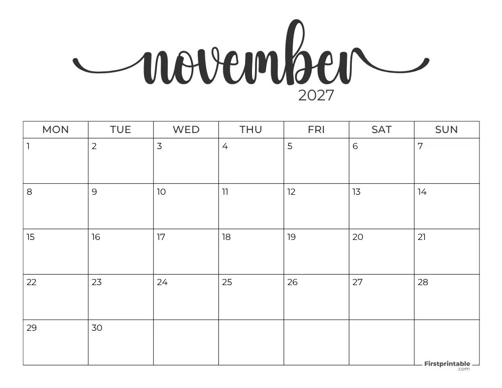 Printable November Calendar 2027 Monday Start Template 28