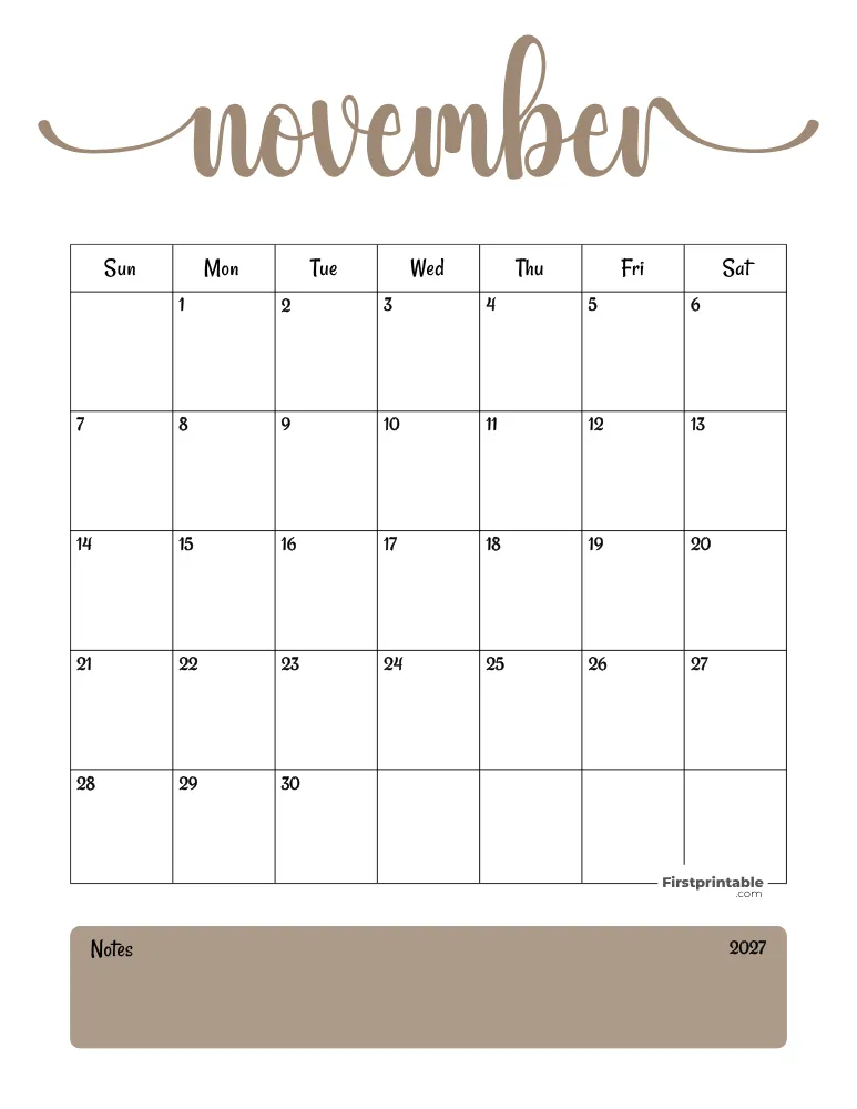 Printable November Calendar 2027 Template 04