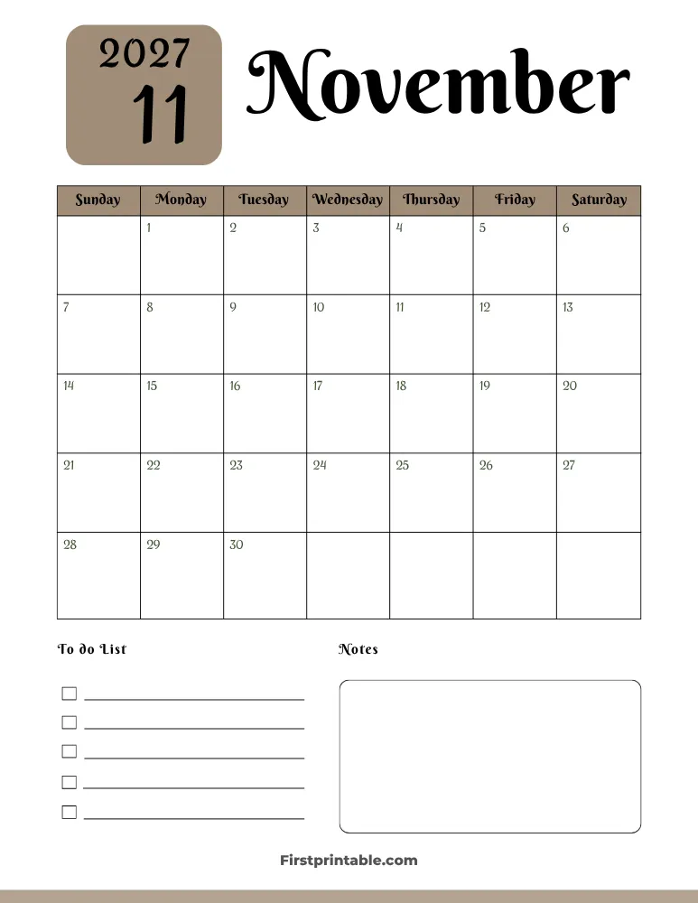 Printable November Calendar 2027 Template 05