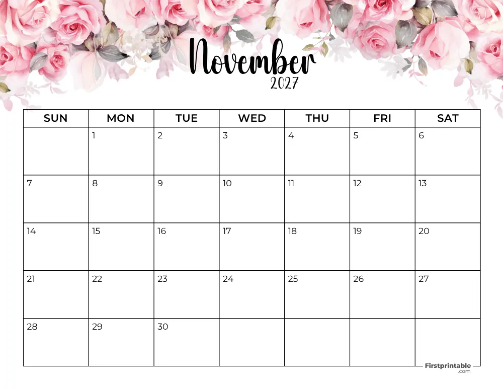 Printable November Calendar 2027 Template 13