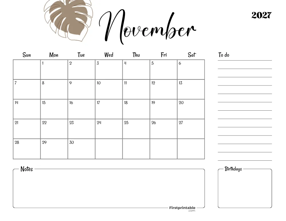 Printable November Calendar 2027 Template 18