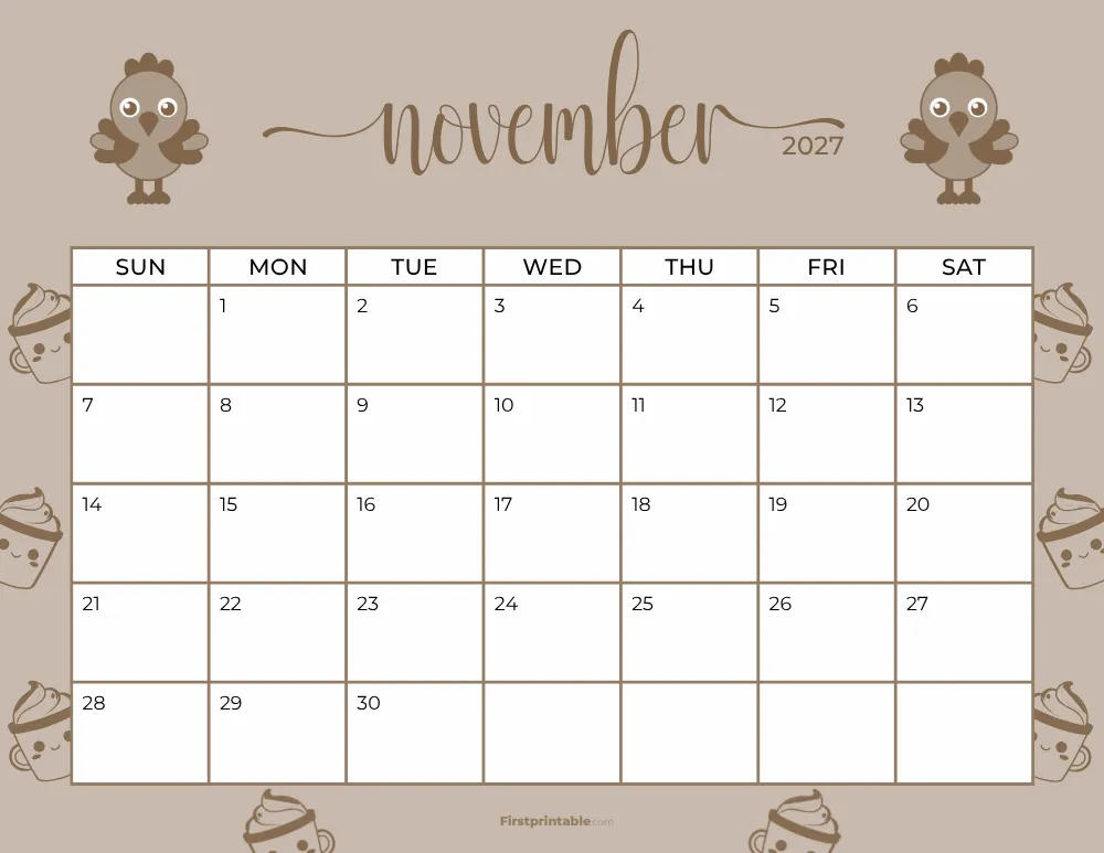 Printable November Calendar 2027 Thanksgiving Day Template 20