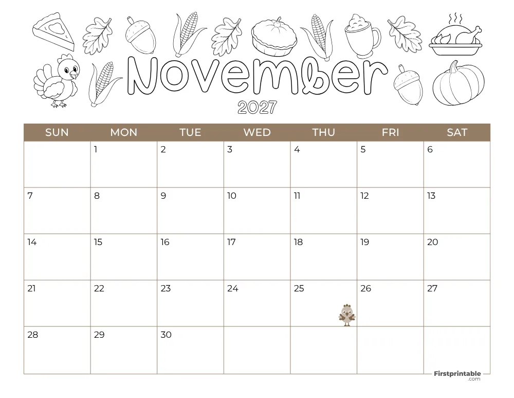 Printable November Calendar 2027 Thanksgiving Day Template 25