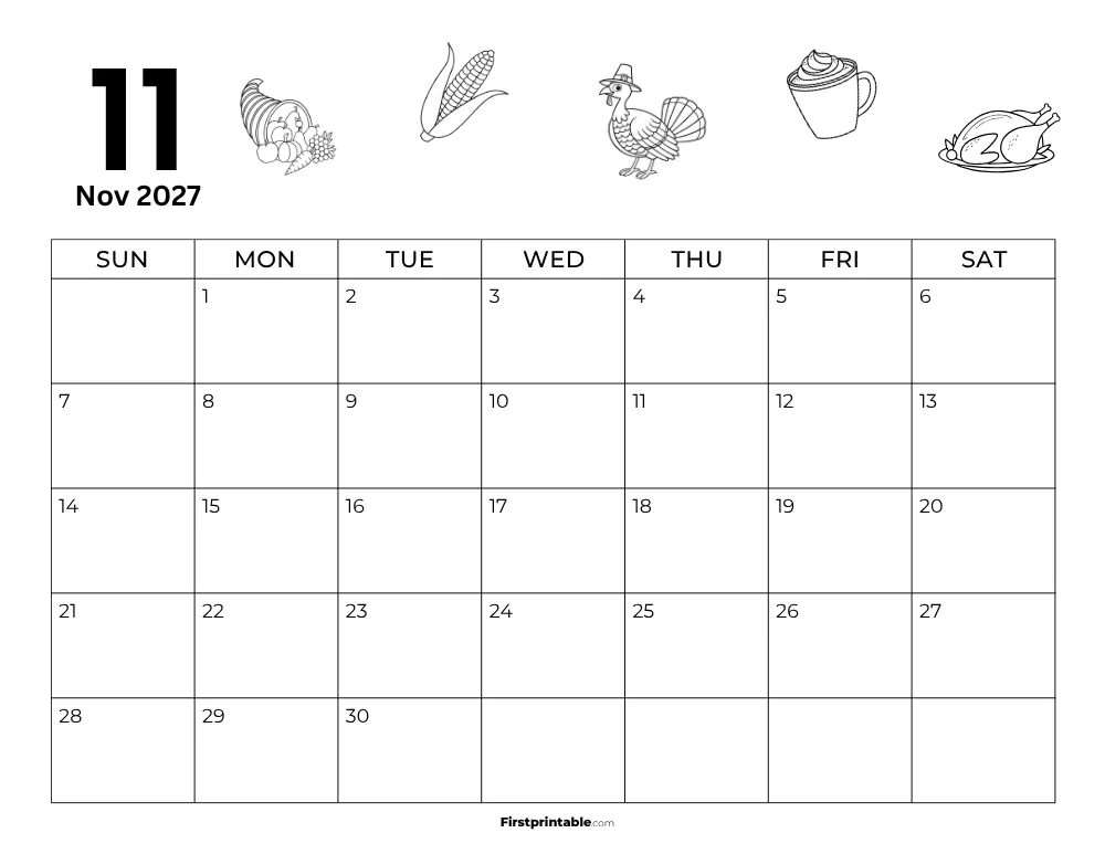 Printable November Calendar 2027 Thanksgiving Template 24