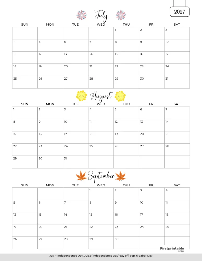 Printable Quarterly Calendar 2027 Q3 - Template 01