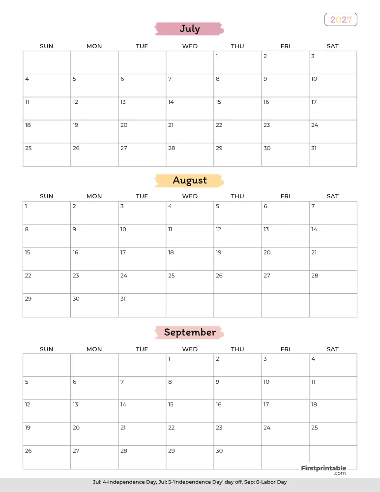 Printable Quarterly Calendar 2027 Q3 - Template 02