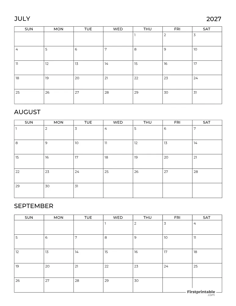 Printable Quarterly Calendar 2027 Q3 - Template 03