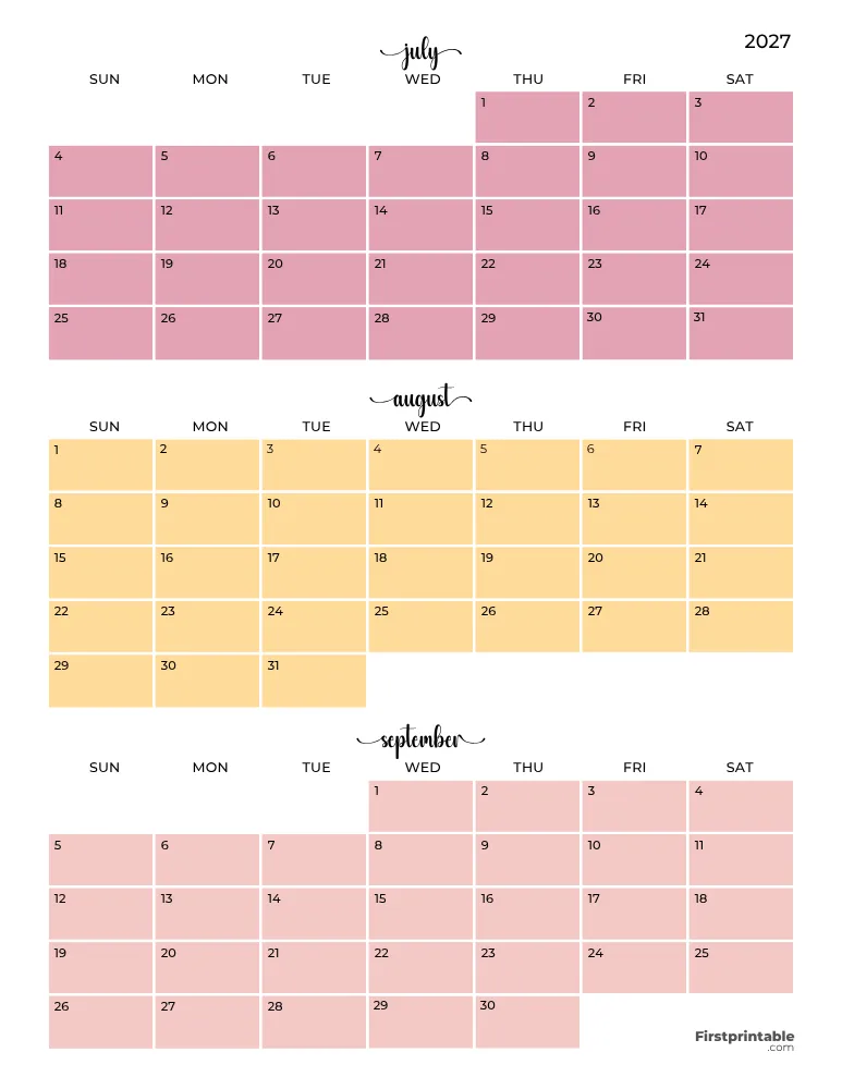 Printable Quarterly Calendar 2027 Q3 - Template 04