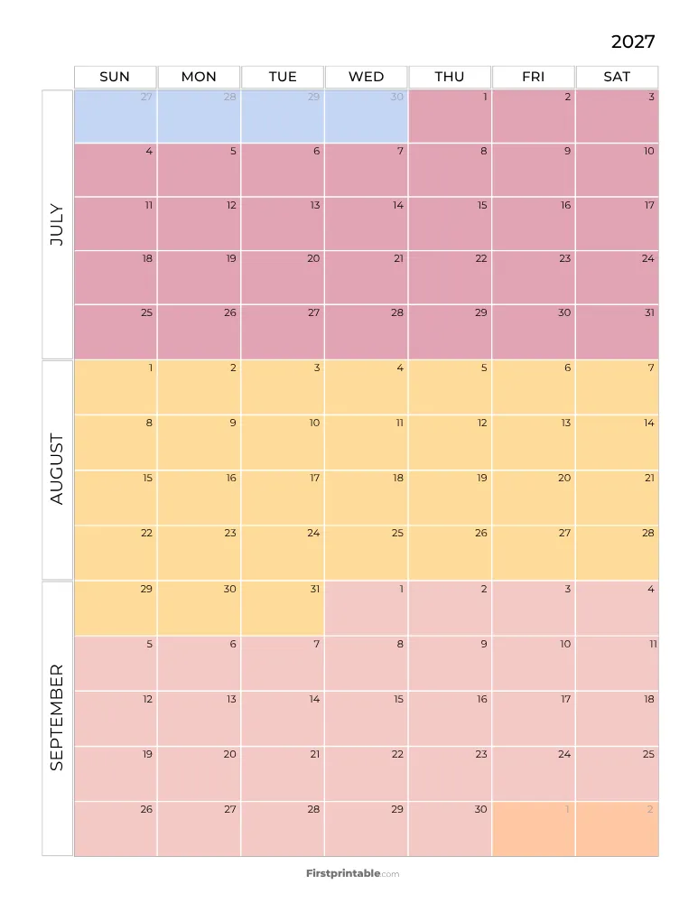 Printable Quarterly Calendar 2027 Q3 - Template 05