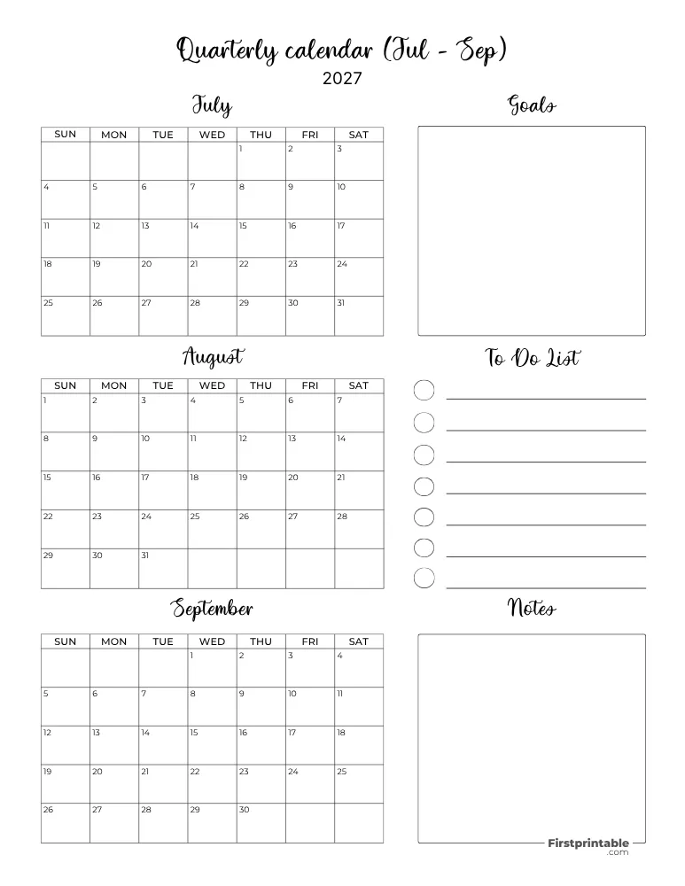 Printable Quarterly Calendar 2027 Q3 - Template 06