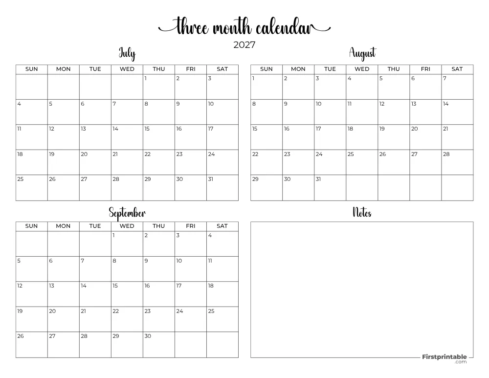 Printable Quarterly Calendar 2027 Q3 - Template 08