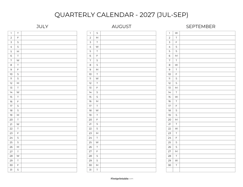 Printable Quarterly Calendar 2027 Q3 - Template 09
