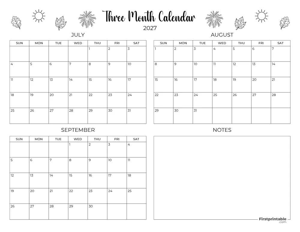 Printable Quarterly Calendar 2027 Q3 - Template 10