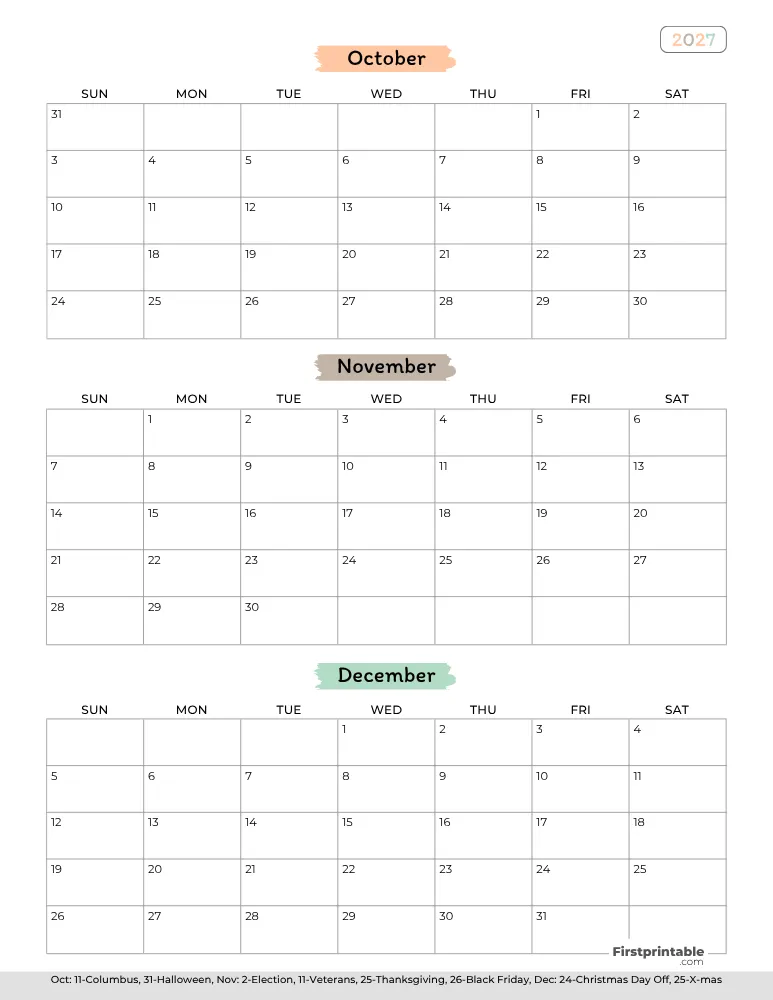 Printable Quarterly Calendar 2027 Q4 - Template 02