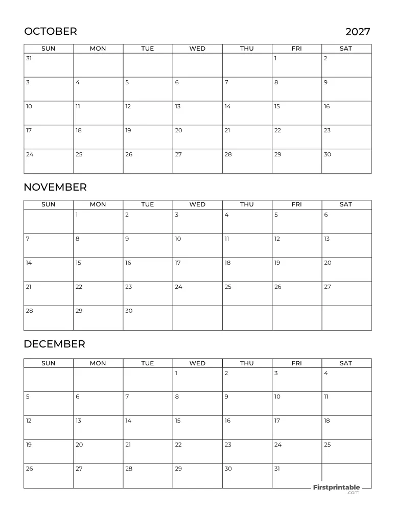 Printable Quarterly Calendar 2027 Q4 - Template 03