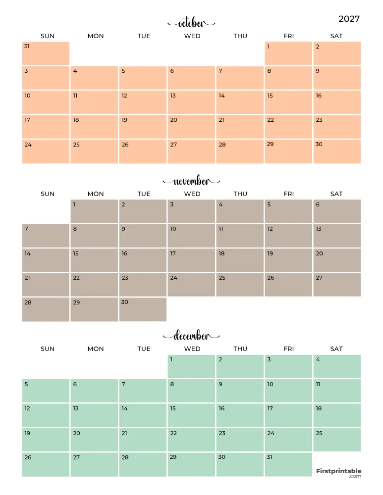 Printable Quarterly Calendar 2027 Q4 - Template 04
