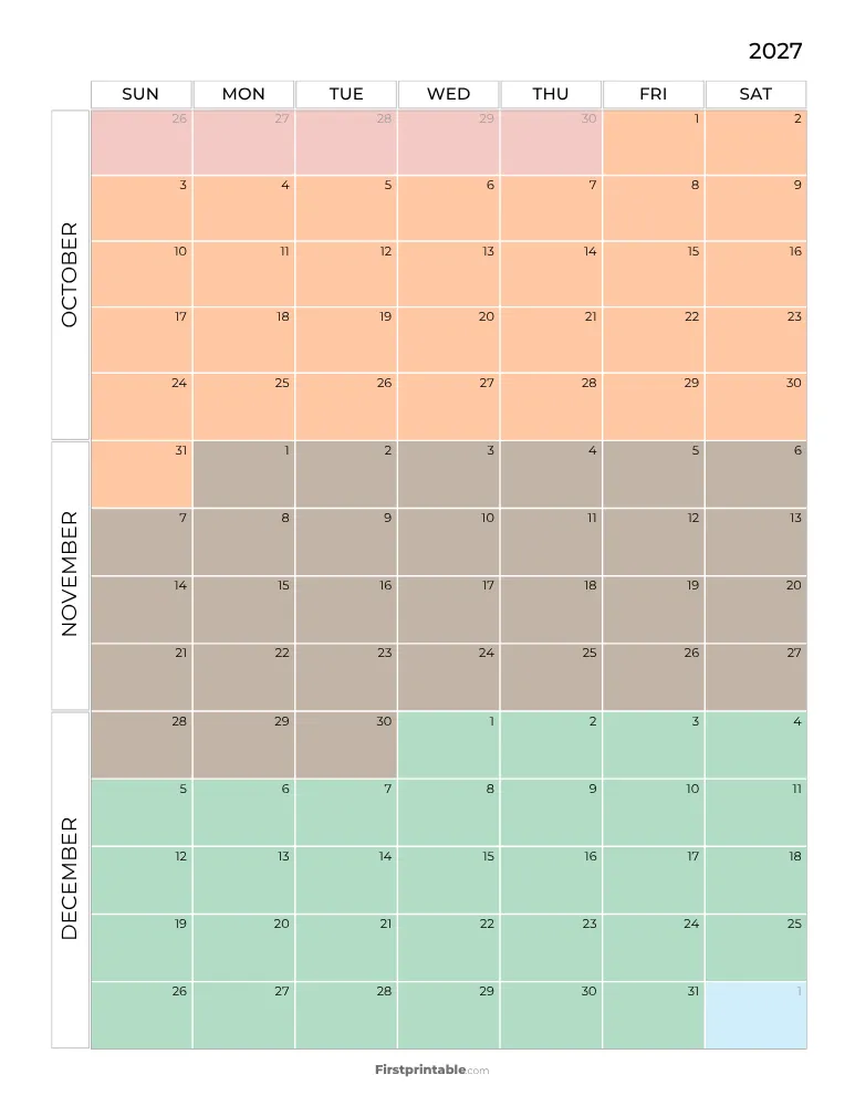 Printable Quarterly Calendar 2027 Q4 - Template 05
