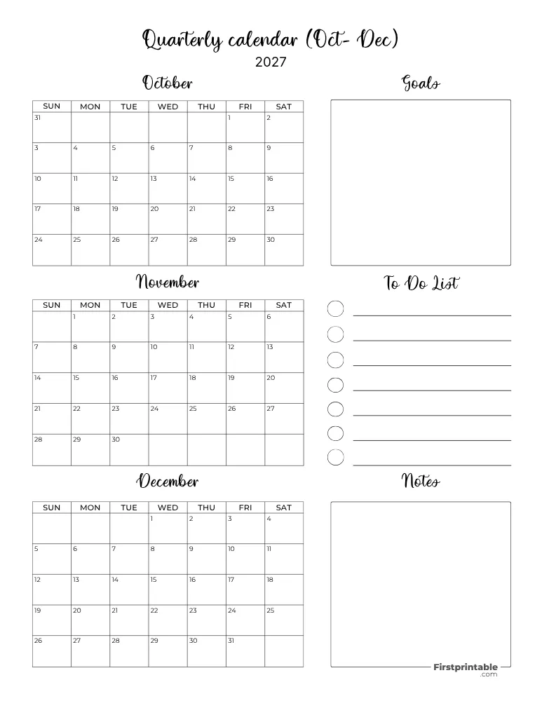Printable Quarterly Calendar 2027 Q4 - Template 06