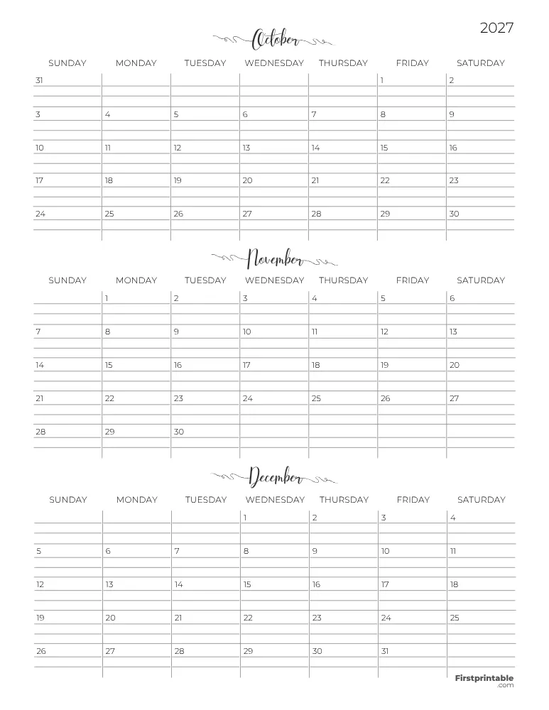 Printable Quarterly Calendar 2027 Q4 - Template 07