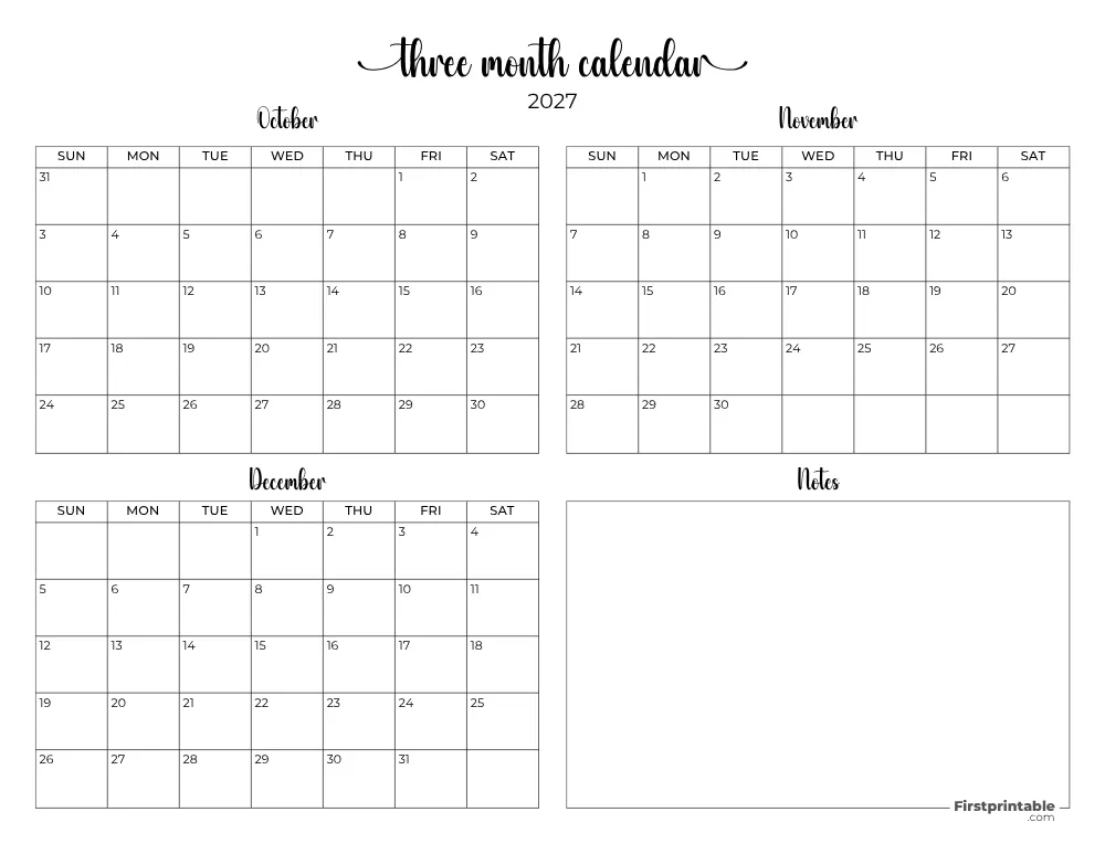 Printable Quarterly Calendar 2027 Q4 - Template 08