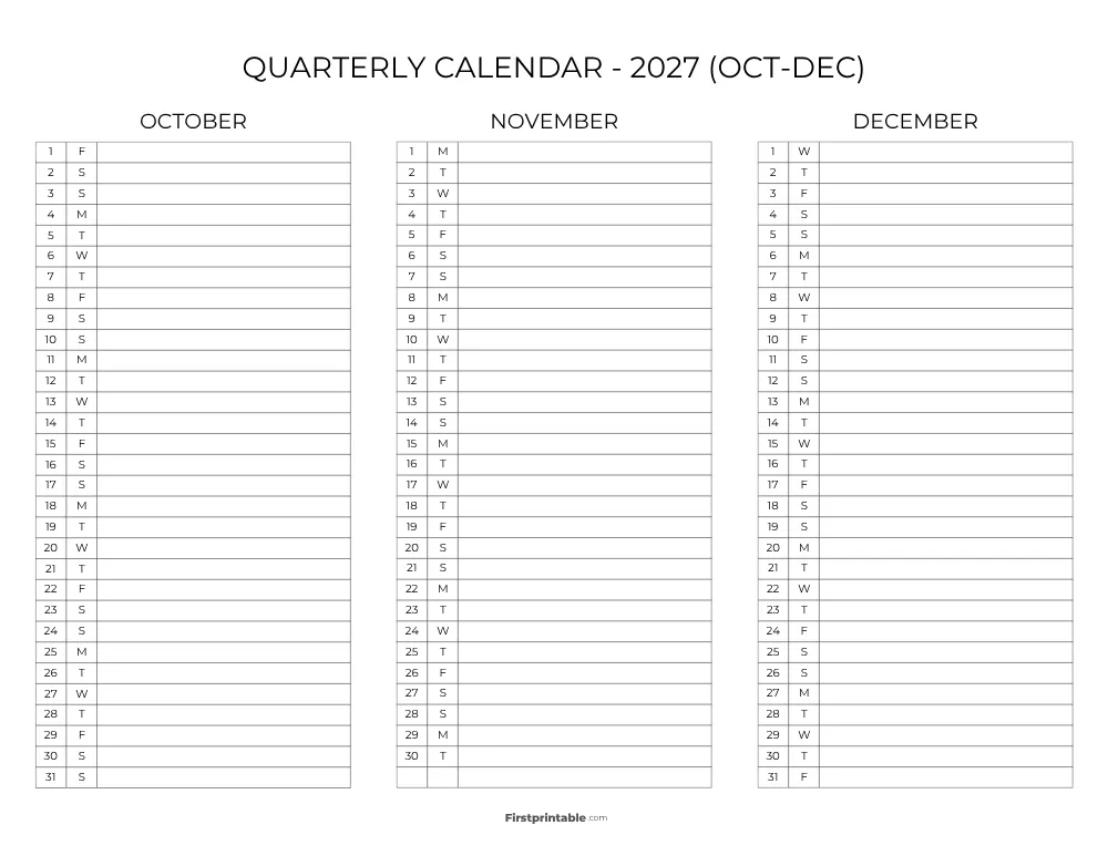 Printable Quarterly Calendar 2027 Q4 - Template 09
