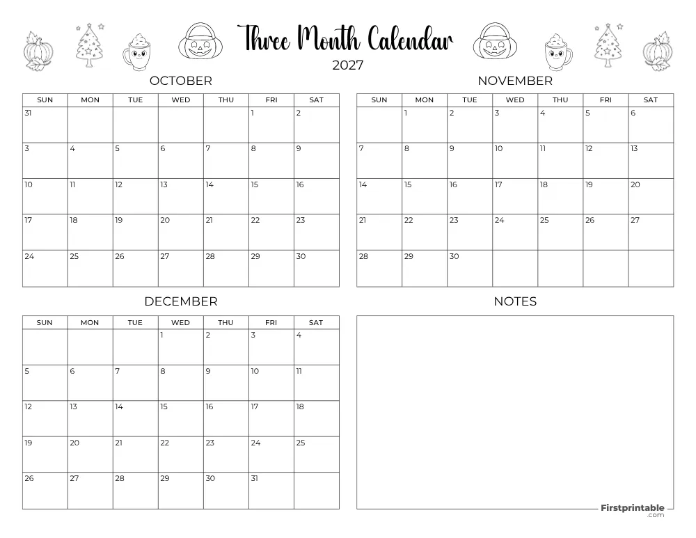 Printable Quarterly Calendar 2027 Q4 - Template 10