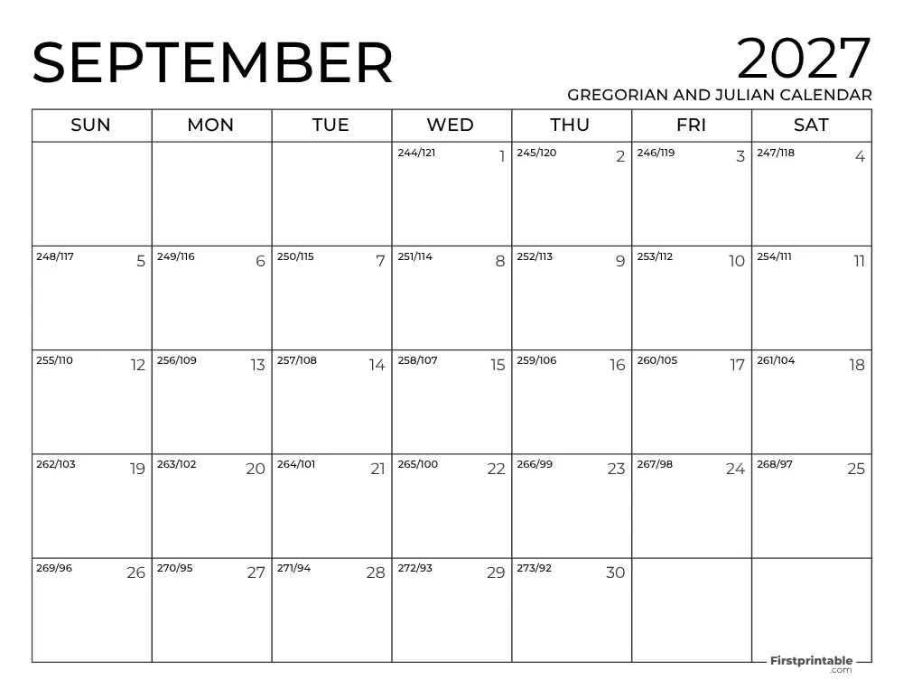 September 2027 Gregorian and Julian Calendar