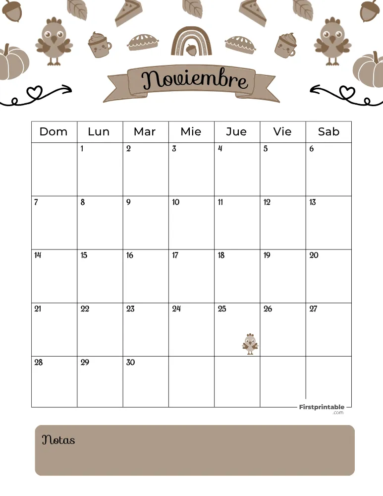Spanish November Calendar 2027 Thanksgiving Day Template 28