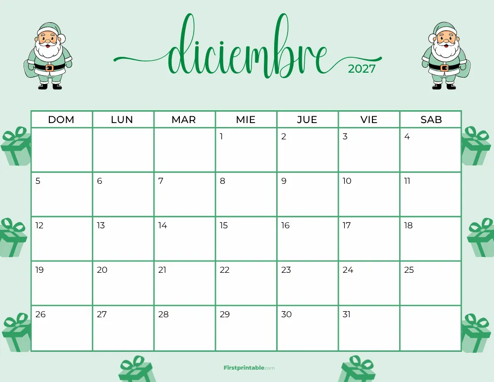 Spanish Printable December Calendar 2027 Christmas Template 37