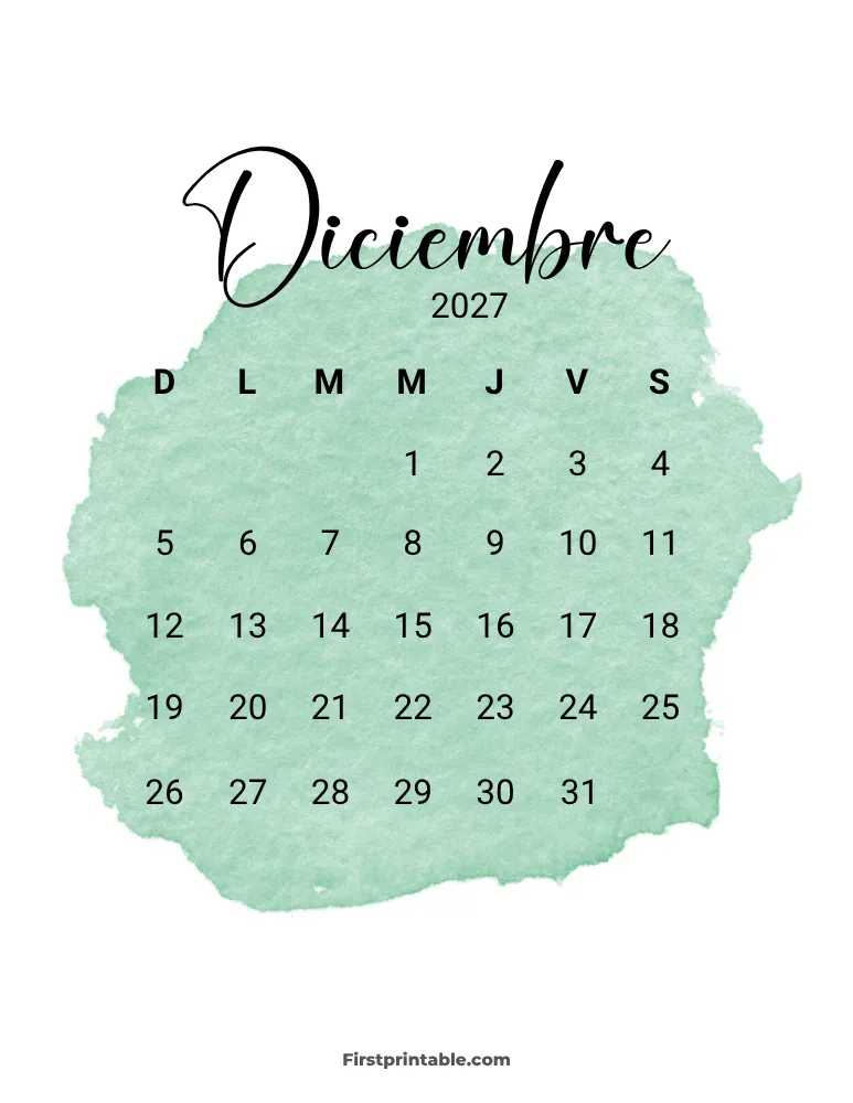Spanish Printable December Calendar 2027 Template 30