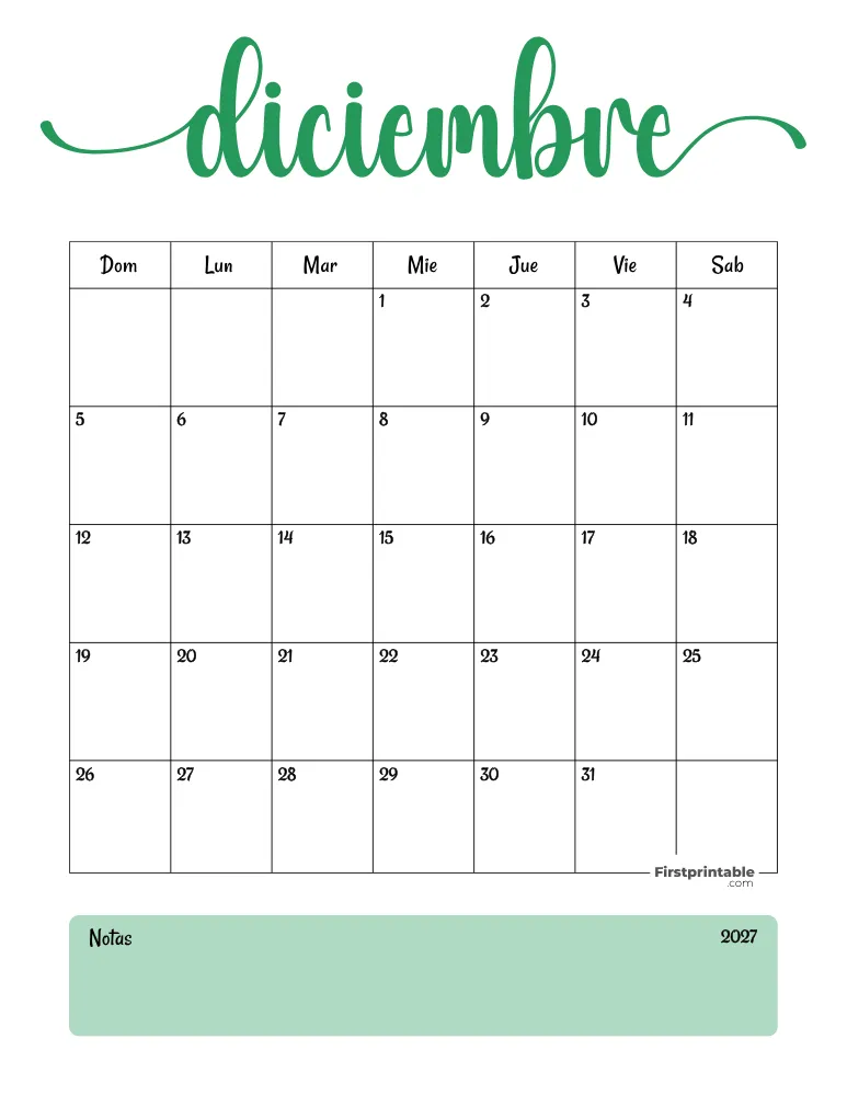 Spanish Printable December Calendar 2027 Template 31