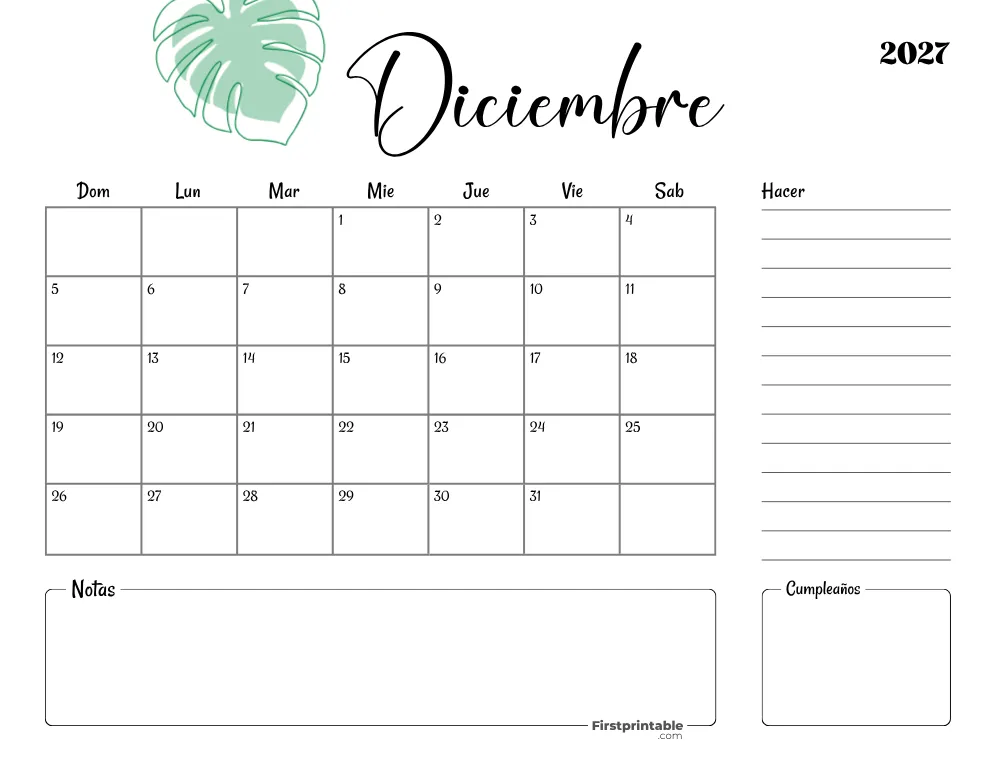 Spanish Printable December Calendar 2027 Template 35