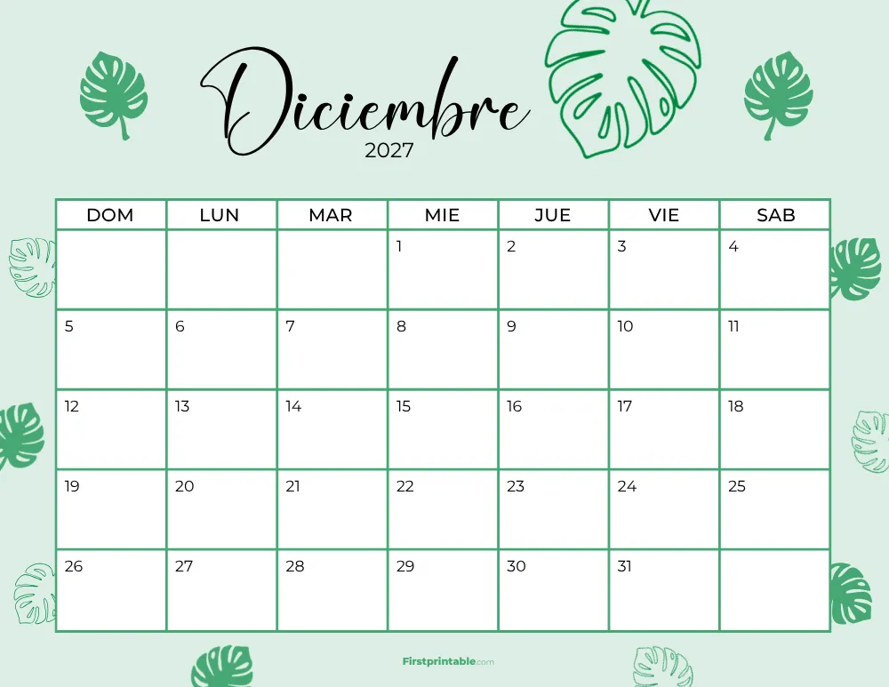 Spanish Printable December Calendar 2027 Template 36