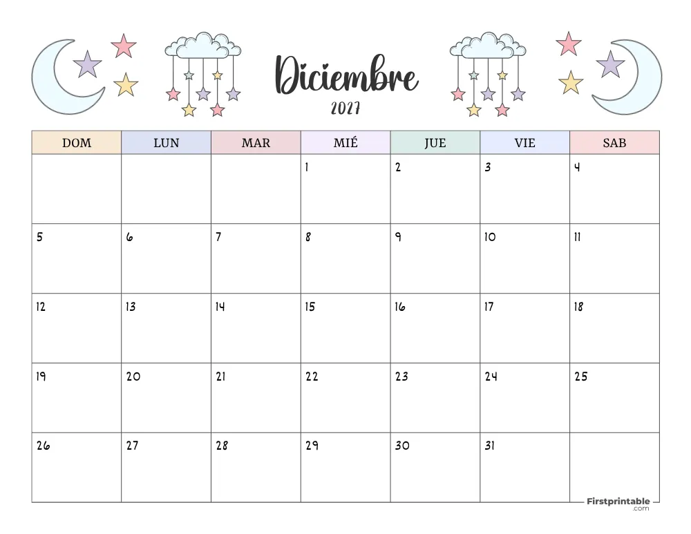 Spanish Printable December Calendar 2027 Template 40