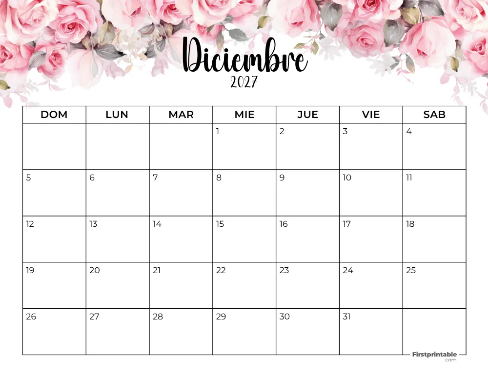 Spanish Printable December Calendar 2027 Template 41