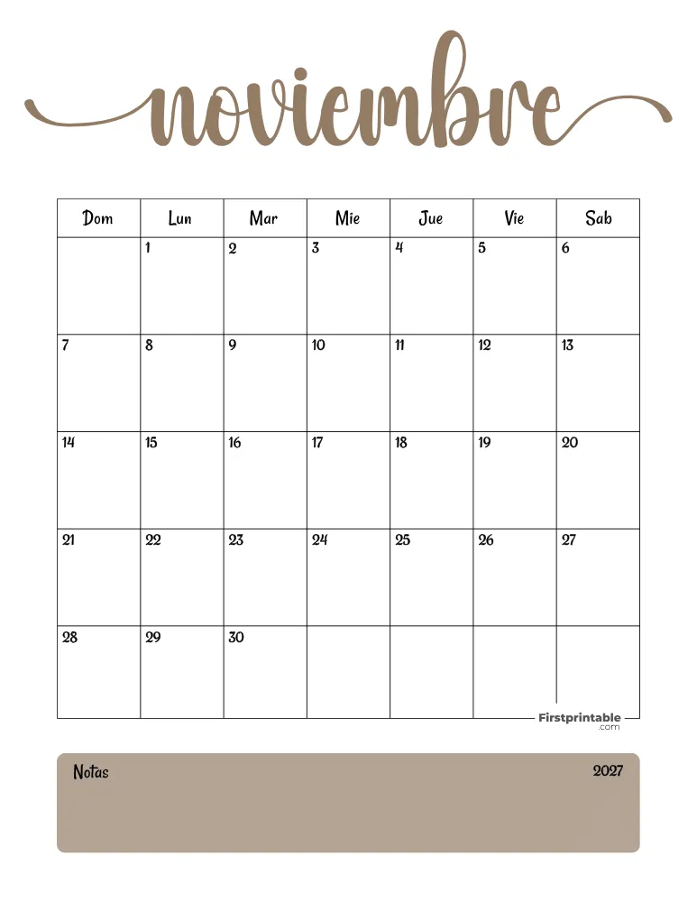 Spanish Printable November Calendar 2027 Template 31