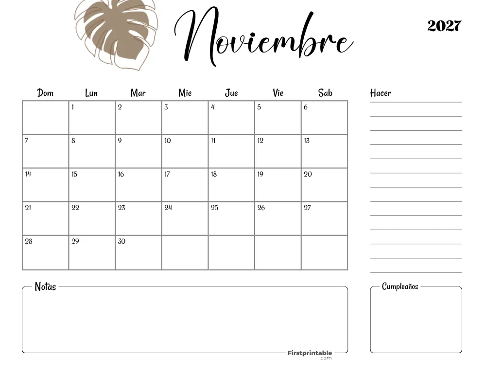 Spanish Printable November Calendar 2027 Template 35
